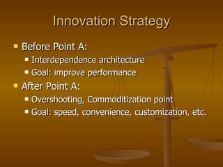 Innovation Strategy <ul><li>Before Point A:  </li></ul><ul><ul><li>Interdependence architecture </li></ul></ul><ul><ul><li...