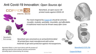 14
NanoHack, an open-source 3D
printed masks against COVID-19
Copper3d Mask
NanoHack2.0 STL File
The mask imagined by Copper3D should be antiviral,
reusable, modular, washable, recyclable, and affordable.
A traditional mask must be thrown away after some
NanoHack Mask is a last resort device with the purpose of
offering protection from airborne particles and prevent
spreading liquid contaminating the airways
NanoHack was conceived as an active/antimicrobial
3D printed face mask manufactured with active
materials to get extra protection against microorganisms.
NanoHack’s
first concept
Anti Covid-19 Innovation: Open Source dpi
by Anass Haijeb
 