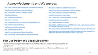 Acknowledgments and Resources
• https://techcrunch.com/fitbits-rival-amazfit-transparent-reusable-mask
• https://tended.co.uk/minimum-seperation-distance
• https://www.iit.it/iit-vs-covid-19/ifeel-you-bracelet
• https://copper3d.com/
• https://sosv.com/portfolio/o2o2
• https://www.ao-air.com/
• https://www.businessinsider.com-social-distancing-wearable-tech
• https://romware.com/covid-radius/
• http://aviointeriors.it/prodotti/janus/
• https://globetrender.com/about/
• https://www.trendhunter.com/trends/mini-sterilizer
• https://www.insider.com/munchkin-59s-mini-sterilizer-review
19
• https://www.trendhunter.com/trends/uvroboclean
• https://www.marketwatch.com/press-release/uvroboclean
• https://www.trendhunter.com/trends/spot-robot1
• https://www.bostondynamics.com/spot
• https://thehill.com/-unusual-ways-people-are-social
• https://it.businessinsider.com/handy
• https://www.matteozallio.com/handy
• https://thehill.com/homenews/news/499220-from-noodle-hats-to-mannequins-here-
are-6-unusual-ways-people-are-social
• https://www.weforum.org/agenda/2020/04/augmented-reality-covid-19-positive-use/
• https://www.forbes.com/sites/solrogers/2020/03/26/coronavirus-has-made-wfh-the-
new-normal-heres-how-virtual-reality-can-help/#2ca31f1f61d5
 