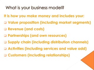 It is how you make money and includes your:
 Value proposition (including market segments)
 Revenue (and costs)
 Partnerships (and own resources)
 Supply chain (including distribution channels)
 Activities (including services and value add)
 Customers (including relationships)
 
