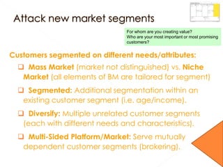 Customers segmented on different needs/attributes:
 Mass Market (market not distinguished) vs. Niche
Market (all elements of BM are tailored for segment)
 Segmented: Additional segmentation within an
existing customer segment (i.e. age/income).
 Diversify: Multiple unrelated customer segments
(each with different needs and characteristics).
 Multi-Sided Platform/Market: Serve mutually
dependent customer segments (brokering).
For whom are you creating value?
Who are your most important or most promising
customers?
 