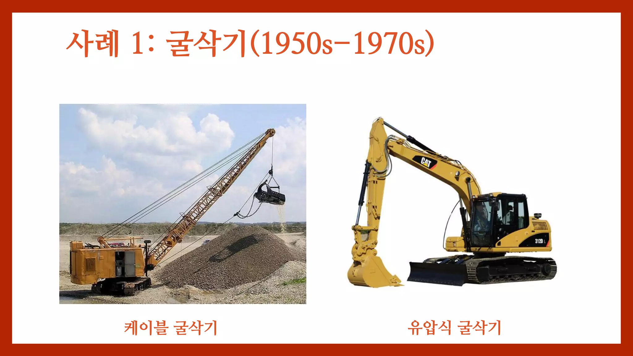 사례 1: 굴삭기(1950s-1970s)
케이블 굴삭기 유압식 굴삭기
 