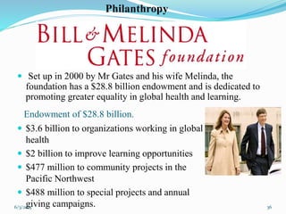  Set up in 2000 by Mr Gates and his wife Melinda, the
foundation has a $28.8 billion endowment and is dedicated to
promoting greater equality in global health and learning.
36
Philanthropy
 $3.6 billion to organizations working in global
health
 $2 billion to improve learning opportunities
 $477 million to community projects in the
Pacific Northwest
 $488 million to special projects and annual
giving campaigns.
Endowment of $28.8 billion.
6/3/2015
 