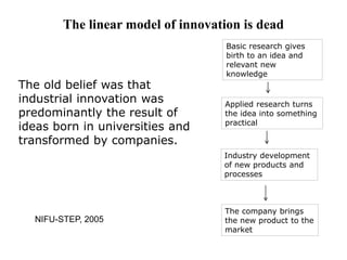 The linear model of innovation is dead
Basic research gives
birth to an idea and
relevant new
knowledge
Applied research turns
the idea into something
practical
Industry development
of new products and
processes
The company brings
the new product to the
market
The old belief was that
industrial innovation was
predominantly the result of
ideas born in universities and
transformed by companies.
NIFU-STEP, 2005
 