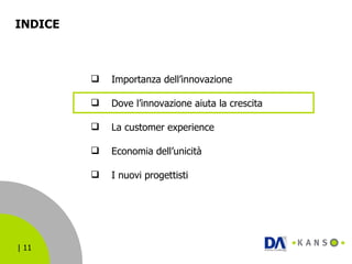 INDICE  Importanza dell’innovazione Dove l’innovazione aiuta la crescita La customer experience Economia dell’unicità I nuovi progettisti 