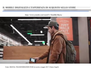 IL MOBILE DIGITALIZZA L’ESPERIENZA DI ACQUISTO NELLO STORE
https://www.youtube.com/watch?v=NrmMk1Myrxc
Fonte: DIGITAL TRANSFORMATION WAR (in uscita a maggio 2017, Franco Angeli)
 