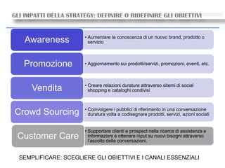 • Aumentare la conoscenza di un nuovo brand, prodotto o
servizioAwareness
• Aggiornamento sui prodotti/servizi, promozioni, eventi, etc.Promozione
• Creare relazioni durature attraverso sitemi di social
shopping e cataloghi condivisiVendita
• Coinvolgere i pubblici di riferimento in una conversazione
duratura volta a codisegnare prodotti, servizi, azioni socialiCrowd Sourcing
• Supportare clienti e prospect nella ricerca di assistenza e
informazioni e ottenere input su nuovi bisogni attraverso
l’ascolto delle conversazioni.
Customer Care
GLI IMPATTI DELLA STRATEGY: DEFINIRE O RIDEFINIRE GLI OBIETTIVI
SEMPLIFICARE: SCEGLIERE GLI OBIETTIVI E I CANALI ESSENZIALI
 