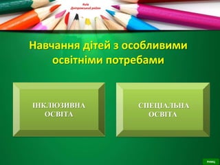 ІНКЛЮЗИВНА
ОСВІТА
СПЕЦІАЛЬНА
ОСВІТА
Навчання дітей з особливими
освітніми потребами
Київ
Дніпровський район
РНМЦ
 