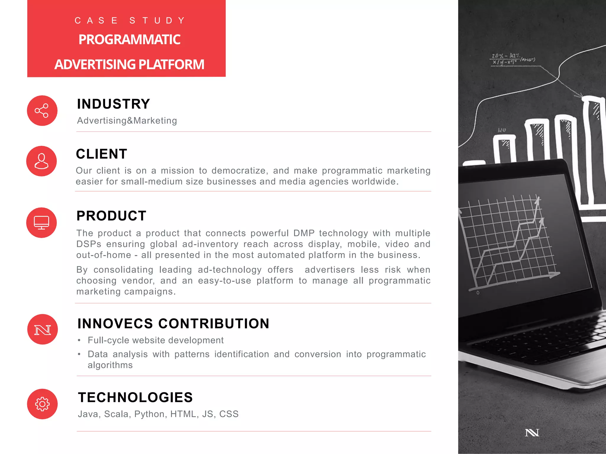 PRODUCT
The product a product that connects powerful DMP technology with multiple
DSPs ensuring global ad-inventory reach across display, mobile, video and
out-of-home - all presented in the most automated platform in the business.
By consolidating leading ad-technology offers advertisers less risk when
choosing vendor, and an easy-to-use platform to manage all programmatic
marketing campaigns.
INNOVECS CONTRIBUTION
• Full-cycle website development
• Data analysis with patterns identification and conversion into programmatic
algorithms
TECHNOLOGIES
Java, Scala, Python, HTML, JS, CSS
INDUSTRY
Advertising&Marketing
CLIENT
Our client is on a mission to democratize, and make programmatic marketing
easier for small-medium size businesses and media agencies worldwide.
C A S E S T U D Y
PROGRAMMATIC
ADVERTISINGPLATFORM
 