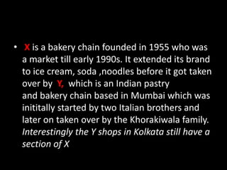 • X is a bakery chain founded in 1955 who was
a market till early 1990s. It extended its brand
to ice cream, soda ,noodles before it got taken
over by Y, which is an Indian pastry
and bakery chain based in Mumbai which was
inititally started by two Italian brothers and
later on taken over by the Khorakiwala family.
Interestingly the Y shops in Kolkata still have a
section of X
 