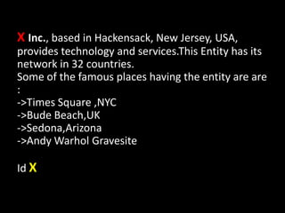X Inc., based in Hackensack, New Jersey, USA,
provides technology and services.This Entity has its
network in 32 countries.
Some of the famous places having the entity are are
:
->Times Square ,NYC
->Bude Beach,UK
->Sedona,Arizona
->Andy Warhol Gravesite
Id X
 