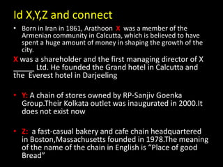 Id X,Y,Z and connect
• Born in Iran in 1861, Arathoon X was a member of the
Armenian community in Calcutta, which is believed to have
spent a huge amount of money in shaping the growth of the
city.
X was a shareholder and the first managing director of X
_____ Ltd. He founded the Grand hotel in Calcutta and
the Everest hotel in Darjeeling
• Y: A chain of stores owned by RP-Sanjiv Goenka
Group.Their Kolkata outlet was inaugurated in 2000.It
does not exist now
• Z: a fast-casual bakery and cafe chain headquartered
in Boston,Massachusetts founded in 1978.The meaning
of the name of the chain in English is “Place of good
Bread”
 