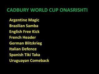 CADBURY WORLD CUP ONASRISHTI
Argentine Magic
Brazilian Samba
English Free Kick
French Header
German Blitzkrieg
Italian Defence
Spanish Tiki Taka
Uruguayan Comeback
 