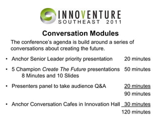 Conversation ModulesThe conference’s agenda is build around a series of conversations about creating the future. Anchor Senior Leader priority presentation	20 minutes5 Champion Create The Future presentations50 minutes	8 Minutes and 10 SlidesPresenters panel to take audience Q&A	20 minutes	90 minutesAnchor Conversation Cafes in Innovation Hall	  30 minutes120 minutes