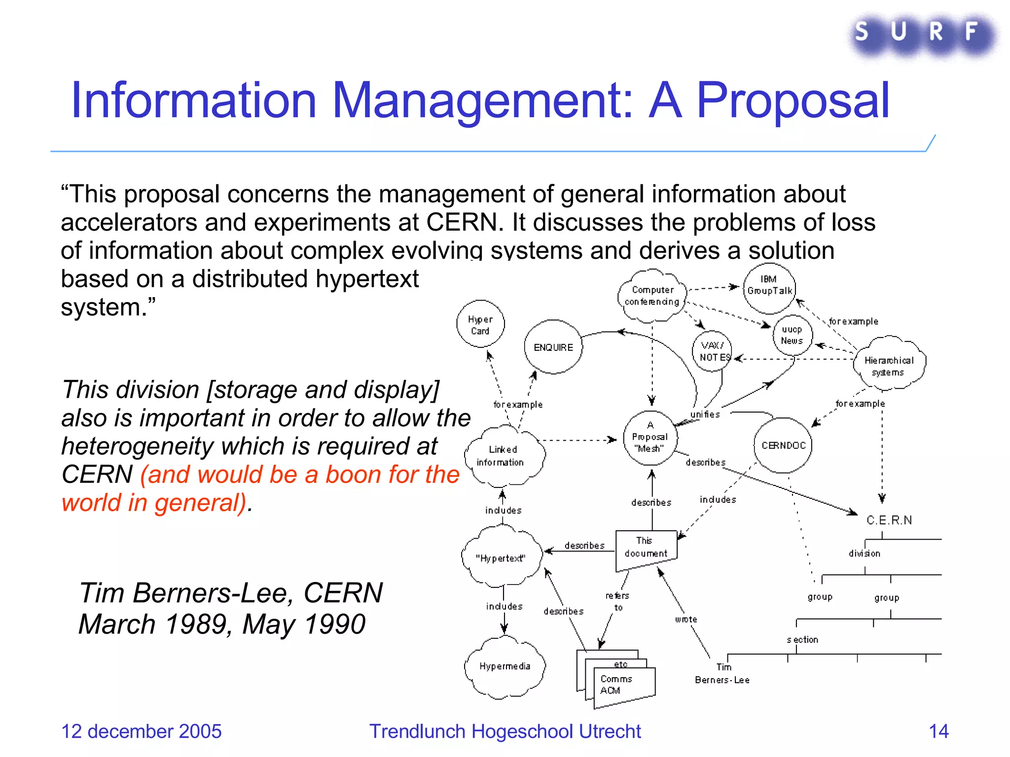 Information Management: A Proposal “ This proposal concerns the management of general information about accelerators and experiments at CERN. It discusses the problems of loss of information about complex evolving systems and derives a solution based on a distributed hypertext system.”                                                                                                                                                         Tim Berners-Lee, CERN  March 1989, May 1990   This division [storage and display] also is important in order to allow the heterogeneity which is required at CERN  (and would be a boon for the world in general) . 