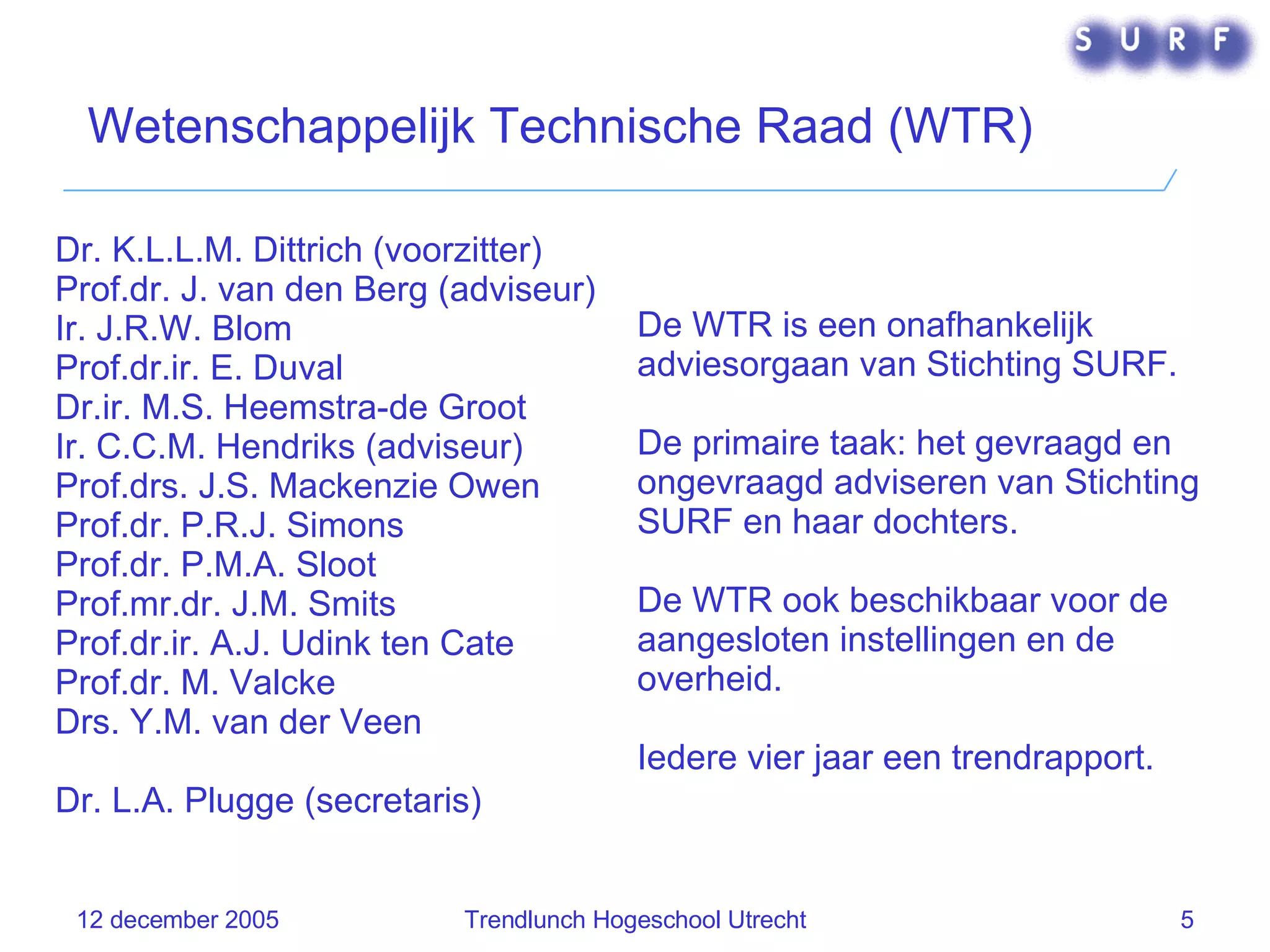Wetenschappelijk Technische Raad (WTR) Dr. K.L.L.M. Dittrich (voorzitter)  Prof.dr. J. van den Berg (adviseur) Ir. J.R.W. Blom  Prof.dr.ir. E. Duval Dr.ir. M.S. Heemstra-de Groot Ir. C.C.M. Hendriks (adviseur) Prof.drs. J.S. Mackenzie Owen Prof.dr. P.R.J. Simons  Prof.dr. P.M.A. Sloot Prof.mr.dr. J.M. Smits Prof.dr.ir. A.J. Udink ten Cate  Prof.dr. M. Valcke  Drs. Y.M. van der Veen  Dr. L.A. Plugge (secretaris) De WTR is een onafhankelijk adviesorgaan van Stichting SURF.  De primaire taak: het gevraagd en ongevraagd adviseren van Stichting SURF en haar dochters.  De WTR ook beschikbaar voor de aangesloten instellingen en de overheid. Iedere vier jaar een trendrapport. 