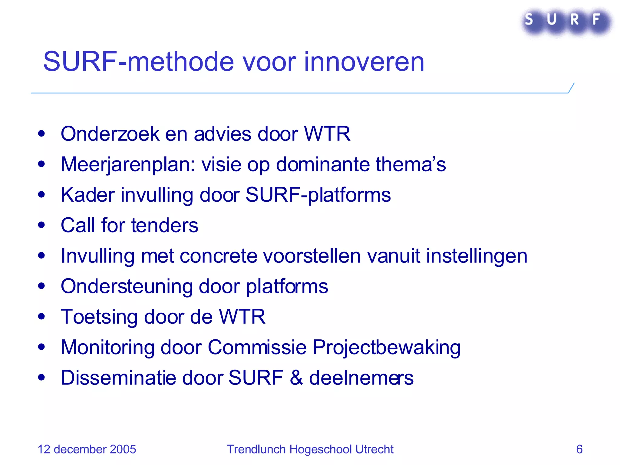 SURF-methode voor innoveren Onderzoek en advies door WTR Meerjarenplan: visie op dominante thema’s Kader invulling door SURF-platforms Call for tenders Invulling met concrete voorstellen vanuit instellingen Ondersteuning door platforms Toetsing door de WTR Monitoring door Commissie Projectbewaking Disseminatie door SURF & deelnemers 