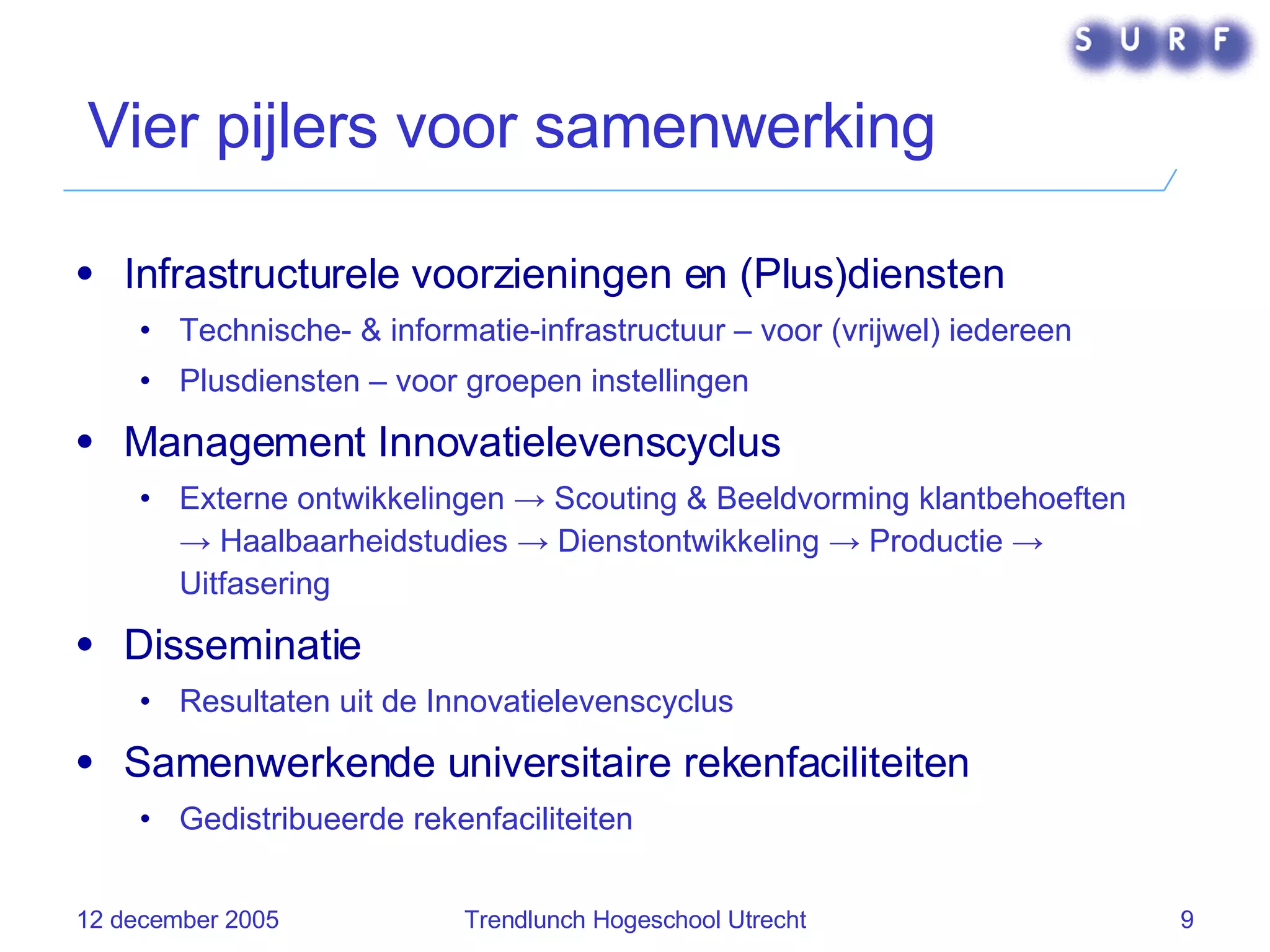 Vier pijlers voor samenwerking Infrastructurele voorzieningen en (Plus)diensten Technische- & informatie-infrastructuur – voor (vrijwel) iedereen Plusdiensten – voor groepen instellingen Management Innovatielevenscyclus Externe ontwikkelingen  ->  Scouting & Beeldvorming klantbehoeften  ->  Haalbaarheidstudies  ->  Dienstontwikkeling  ->  Productie  ->  Uitfasering Disseminatie Resultaten uit de Innovatielevenscyclus Samenwerkende universitaire rekenfaciliteiten Gedistribueerde rekenfaciliteiten 