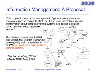 Information Management: A Proposal “ This proposal concerns the management of general information about accelerators and experiments at CERN. It discusses the problems of loss of information about complex evolving systems and derives a solution based on a distributed hypertext system.”                                                                                                                                                         Tim Berners-Lee, CERN  March 1989, May 1990   This division [storage and display] also is important in order to allow the heterogeneity which is required at CERN  (and would be a boon for the world in general) . 