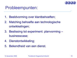 Probleempunten: Beeldvorming over klantbehoeften; Matching behoefte aan technologische ontwikkelingen; Beslissing tot experiment: planvorming – businesscase; Dienstontwikkeling; Bekendheid van een dienst. 