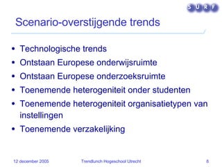 Scenario-overstijgende trends Technologische trends Ontstaan Europese onderwijsruimte Ontstaan Europese onderzoeksruimte Toenemende heterogeniteit onder studenten Toenemende heterogeniteit organisatietypen van instellingen Toenemende verzakelijking 