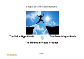 Leaps of faith assumptions 
The Value Hypothesis The Growth Hypothesis 
The Minimum Viable Product 
Eric Ries 
 