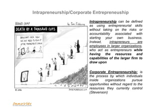 Intrapreneurship/Corporate Entrepreneuship 
Intrapreneurship can be defined 
as using entrepreneurial skills 
without taki...