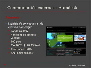 © Martin R. Dugage 2008
Communautés externes - Autodesk
Autodesk
 Logiciels de conception et de
création numérique
 Fondé en 1982
 4 millions de licences
vendues
 160 pays
 CA 2007: $1,84 Milliards
 Croissance: +20%
 RN : $290 millions
 