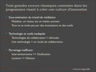 © Martin R. Dugage 2008
Trois grandes erreurs classiques commises dans les
programmes visant à créer une culture d’innovation
 Sous-estimation du travail de médiation
 Mobiliser un réseau est un métier prenant
 Tout ne se traite pas par des incantations et des outils
 Technologie et outils inadaptés
 Technologies de collaboration = véhicules
 Une technologie = un mode de collaboration
 Parrainage inefficace
 Interventionnisme => Ossification
 Laxisme => Dilution
 