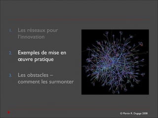 © Martin R. Dugage 2008
1. Les réseaux pour
l‘innovation
2. Exemples de mise en
œuvre pratique
3. Les obstacles –
comment ...