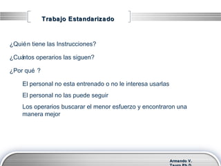Armando V.Armando V.
Trabajo EstandarizadoTrabajo Estandarizado
¿Quién tiene las Instrucciones?
¿Cuántos operarios las siguen?
¿Por qué ?
El personal no esta entrenado o no le interesa usarlas
El personal no las puede seguir
Los operarios buscarar el menor esfuerzo y encontraron una
manera mejor
 