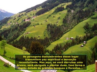 As paisagens deslumbrantes desse lugar transmitem paz espiritual e sensação reconfortante. Mas aqui, se você derrubar uma árvore, será obrigado a plantar duas. Isso torna a região dotada de grandes bosques e florestas...  