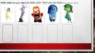 Hvilke tanker kan gjøre deg GLAD, REDD, SINT, TRIST eller føle AVSKY (mot noe eller noen / sjalusi)?
 