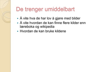 De trenger umiddelbartÅ vite hva de har lov å gjøre med bilderÅ vite hvordan de kan finne flere kilder enn læreboka og wikipediaHvordan de kan bruke kildene