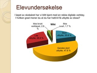 ElevundersøkelseI løpet av skoleåret har vi blitt kjent med en rekke digitale verktøy. I hvilken grad mener du at du har hatt/vil få utbytte av disse?
