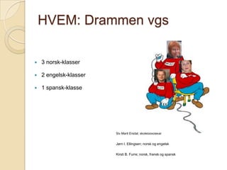 HVEM: Drammen vgs3 norsk-klasser2 engelsk-klasser1 spansk-klasseSiv Marit Ersdal; skolebibliotekarJørn I. Ellingsen; norsk og engelskKirsti B. Furre; norsk, fransk og spansk