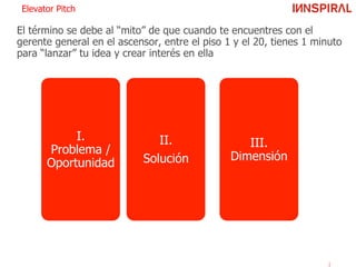 El término se debe al “mito” de que cuando te encuentres con el
gerente general en el ascensor, entre el piso 1 y el 20, tienes 1 minuto
para “lanzar” tu idea y crear interés en ella
Elevator Pitch
I.
Problema /
Oportunidad
II.
Solución
III.
Dimensión
 