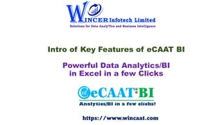 Intro of Key Features of eCAAT BI
Powerful Data Analytics/BI
in Excel in a few Clicks
https://www.wincaat.com
 