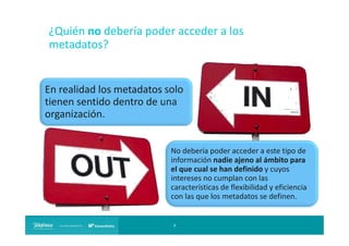 ¿Quién no debería poder acceder a los
metadatos?

En realidad los metadatos solo
tienen sentido dentro de una
organización.

No debería poder acceder a este tipo de
información nadie ajeno al ámbito para
el que cual se han definido y cuyos
intereses no cumplan con las
características de flexibilidad y eficiencia
con las que los metadatos se definen.

7

 