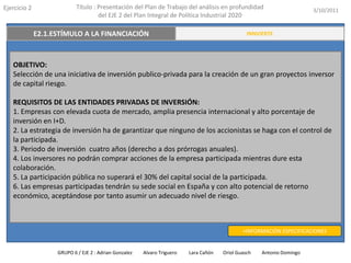 Ejercicio 2              Título : Presentación del Plan de Trabajo del análisis en profundidad                       3/10/2011
                                  del EJE 2 del Plan Integral de Política Industrial 2020

   E2.3. TRANSFERENCIA Y VALORACIÓN DEL CONOCIMIENTO
          E2.1.ESTÍMULO A LA FINANCIACIÓN                                                     INNVIERTE EJECUTIVO
                                                                                               RESUMEN




   OBJETIVO:
   Selección de una iniciativa de inversión publico-privada para la creación de un gran proyectos inversor
   de capital riesgo.

   REQUISITOS DE LAS ENTIDADES PRIVADAS DE INVERSIÓN:
   1. Empresas con elevada cuota de mercado, amplia presencia internacional y alto porcentaje de
   inversión en I+D.
   2. La estrategia de inversión ha de garantizar que ninguno de los accionistas se haga con el control de
   la participada.
   3. Periodo de inversión cuatro años (derecho a dos prórrogas anuales).
   4. Los inversores no podrán comprar acciones de la empresa participada mientras dure esta
   colaboración.
   5. La participación pública no superará el 30% del capital social de la participada.
   6. Las empresas participadas tendrán su sede social en España y con alto potencial de retorno
   económico, aceptándose por tanto asumir un adecuado nivel de riesgo.



                                                                                            +INFORMACIÓN ESPECIFICACIONES


                 GRUPO 6 / EJE 2 : Adrian Gonzalez   Alvaro Triguero   Lara Cañón   Oriol Guasch   Antonio Domingo
 