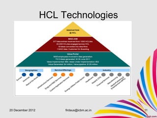 HCL Technologies




20 December 2012        firdaus@icbm.ac.in   11
 