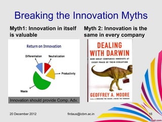 Breaking the Innovation Myths
Myth1: Innovation in itself             Myth 2: Innovation is the
is valuable                             same in every company




Innovation should provide Comp. Adv.


20 December 2012              firdaus@icbm.ac.in                    16
 