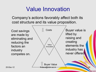 Value Innovation
      Company’s actions favorably affect both its
      cost structure and its value proposition.

     Cost savings            Costs          Buyer value is
     are made by                            lifted by
     eliminating and                        raising and
     reducing the                           creating
                               Value
     factors an              Innovation     elements the
     industry                               industry has
     competes on.                           never offered.


                           Buyer Value
20-Dec-12              firdaus@icbm.ac.in                    26
 