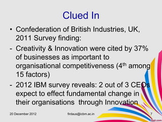 Clued In
• Confederation of British Industries, UK,
  2011 Survey finding:
- Creativity & Innovation were cited by 37%
  of businesses as important to
  organisational competitiveness (4th among
  15 factors)
- 2012 IBM survey reveals: 2 out of 3 CEOs
  expect to effect fundamental change in
  their organisations through Innovation
20 December 2012    firdaus@icbm.ac.in        7
 