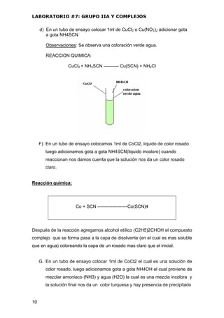 LABORATORIO #7: GRUPO IIA Y COMPLEJOS
d) En un tubo de ensayo colocar 1ml de CuCl2 o Cu(NO3)2 adicionar gota
a gota NH4SCN
Observaciones: Se observa una coloración verde agua.
REACCION QUIMICA:
CuCl2 + NH4SCN ---------- Cu(SCN) + NH4Cl
F) En un tubo de ensayo colocamos 1ml de CoCl2, liquido de color rosado
luego adicionamos gota a gota NH4SCN(liquido incoloro) cuando
reaccionan nos damos cuenta que la solución nos da un color rosado
claro.
Reacción química:
Co + SCN --------------------Co(SCN)4
Después de la reacción agregamos alcohol etílico (C2H5)2CHOH el compuesto
complejo que se forma pasa a la capa de disolvente (en el cual es mas soluble
que en agua) coloreando la capa de un rosado mas claro que el inicial.
G. En un tubo de ensayo colocar 1ml de CoCl2 el cual es una solución de
color rosado, luego adicionamos gota a gota NH4OH el cual proviene de
mezclar amoniaco (NH3) y agua (H2O) la cual es una mezcla incolora y
la solución final nos da un color turquesa y hay presencia de precipitado
10
 