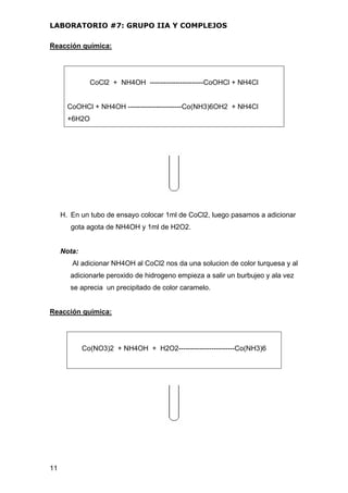 LABORATORIO #7: GRUPO IIA Y COMPLEJOS
Reacción química:
CoCl2 + NH4OH -----------------------CoOHCl + NH4Cl
CoOHCl + NH4OH -----------------------Co(NH3)6OH2 + NH4Cl
+6H2O
H. En un tubo de ensayo colocar 1ml de CoCl2, luego pasamos a adicionar
gota agota de NH4OH y 1ml de H2O2.
Nota:
Al adicionar NH4OH al CoCl2 nos da una solucion de color turquesa y al
adicionarle peroxido de hidrogeno empieza a salir un burbujeo y ala vez
se aprecia un precipitado de color caramelo.
Reacción química:
Co(NO3)2 + NH4OH + H2O2------------------------Co(NH3)6
11
 