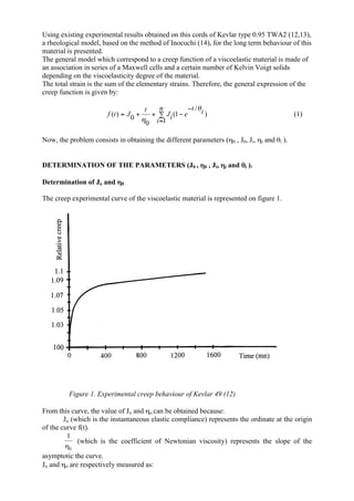 Using existing experimental results obtained on this cords of Kevlar type 0.95 TWA2 (12,13),
a rheological model, based on the method of Inocuchi (14), for the long term behaviour of this
material is presented.
The general model which correspond to a creep function of a viscoelastic material is made of
an association in series of a Maxwell cells and a certain number of Kelvin Voigt solids
depending on the viscoelasticity degree of the material.
The total strain is the sum of the elementary strains. Therefore, the general expression of the
creep function is given by:
∑
=
−
−++=
n
i
it
eiJ
t
Jtf
1
)
/
1(
0
0)(
θ
η
(1)
Now, the problem consists in obtaining the different parameters (η0 , J0, Ji, ηi and θi ).
DETERMINATION OF THE PARAMETERS (J0 , ηηηη0 , Ji, ηηηηi and θθθθi ).
Determination of Jo and ηηηη0
The creep experimental curve of the viscoelastic material is represented on figure 1.
Figure 1. Experimental creep behaviour of Kevlar 49 (12)
From this curve, the value of Jo and ηo can be obtained because:
Jo (which is the instantaneous elastic compliance) represents the ordinate at the origin
of the curve f(t).
1
0η
(which is the coefficient of Newtonian viscosity) represents the slope of the
asymptotic the curve.
Jo and ηo are respectively measured as:
 