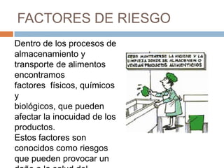 FACTORES DE RIESGODentro de los procesos dealmacenamiento y transporte de alimentos encontramosfactores  físicos, químicos ybiológicos, que pueden afectar la inocuidad de los productos. Estos factores son conocidos como riesgos que pueden provocar un daño a la salud del consumidor. 