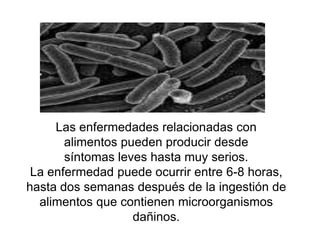 Las enfermedades relacionadas conalimentos pueden producir desdesíntomas leves hasta muy serios. La enfermedad puede ocurrir entre 6-8 horas, hasta dos semanas después de la ingestión de alimentos que contienen microorganismos dañinos.