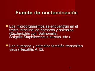 Fuente de contaminación

   Los microorganismos se encuentran en el
    tracto intestinal de hombres y animales
    (Escherichia coli, Salmonella,
    Shigella,Staphiloccocus aureus, etc.).

   Los humanos y animales también transmiten
    virus (Hepatitis A, E).



                                     11
 
